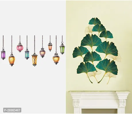 Beautiful 50 Cm Wall Stickers For Decor Golden Green Leafs And Hanging Lamp Self Adhesive Sticker (Pack Of 2)-thumb0