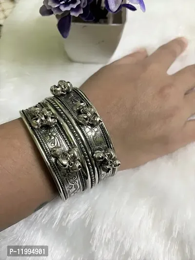 Silver Oxidized Adjustable Ghungroo Cuff Bracelet For Women/Girls.