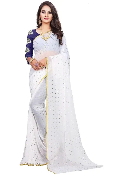 REDFISH Women's Woven Pure Chiffon Saree With Blouse Piece (NEW STAR WHITE_White)