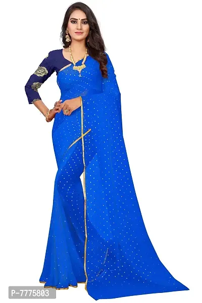 REDFISH Women's Woven Pure Chiffon Saree With Blouse Piece (NEW STAR BLUE_Blue)-thumb0