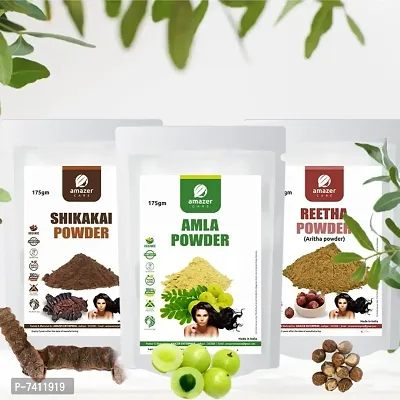 AmazerCare Amla Reetha Shikakai Powder for Hair, 100% Natural Hair Care Combo Amla + Aritha (Reetha) + Shikakai (175 gm each) for Healthy Hair, 3 Pouches-thumb0