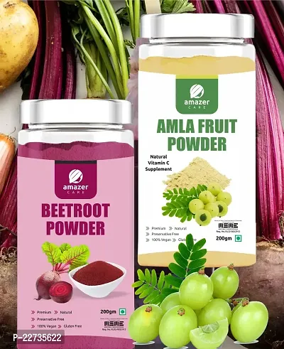 AmazerCare Amla  Beetroot Powder Combo (Dehydrated, 200gm Jar each) - Super Detox  Immune Booster Combo, Pure  Natural For Eating  Drink, For Healthy Liver, Full of Nutrients-thumb0