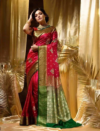 Attractive Satin Silk Zari Woven Banarsi Saree With Blouse Piece For Women