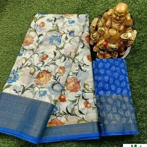 Cotton Blend Printed Zari Border Sarees with Blouse piece