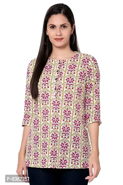 SIDDHANAM Women Causal Floral Print 3/4 Sleeve Button Down Round Neck Blue Red Cotton Top-thumb2