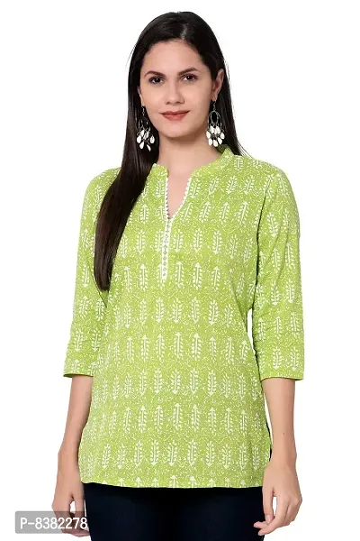 SIDDHANAM Women Causal Trendy and Stylish Traditional Floral Print 3/4 Sleeve V Neck Light Green and Pink Cotton Top-thumb1