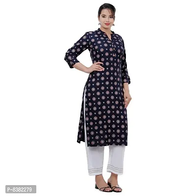 SIDDHANAM Women Gold Print Dark Blue Festive Rayon Straight Kurta-thumb4