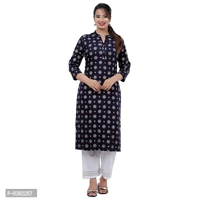 SIDDHANAM Women Gold Print Dark Blue Festive Rayon Straight Kurta