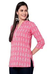 SIDDHANAM Women Causal Trendy and Stylish Traditional Floral Print 3/4 Sleeve V Neck Light Green and Pink Cotton Top-thumb5