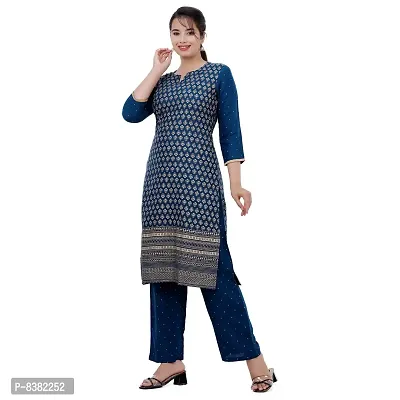 SIDDHANAM Women Gold Print Festive Blue Rayon Straight Kurta-thumb4