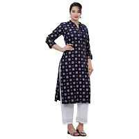 SIDDHANAM Women Gold Print Dark Blue Festive Rayon Straight Kurta-thumb3