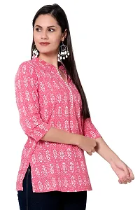 SIDDHANAM Women Causal Trendy and Stylish Traditional Floral Print 3/4 Sleeve V Neck Light Green and Pink Cotton Top-thumb4