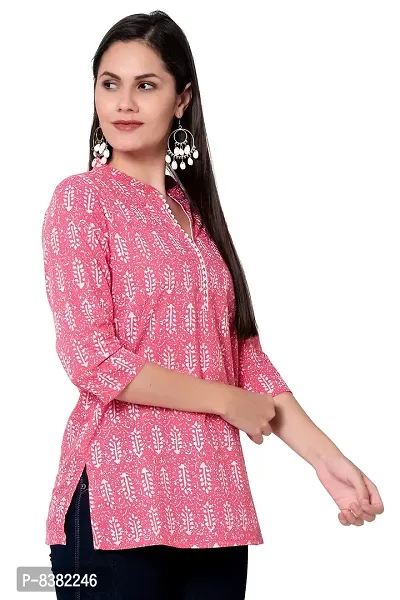 SIDDHANAM Women Causal Trendy and Stylish Traditional Floral Print 3/4 Sleeve V Neck Light Green and Pink Cotton Top-thumb5