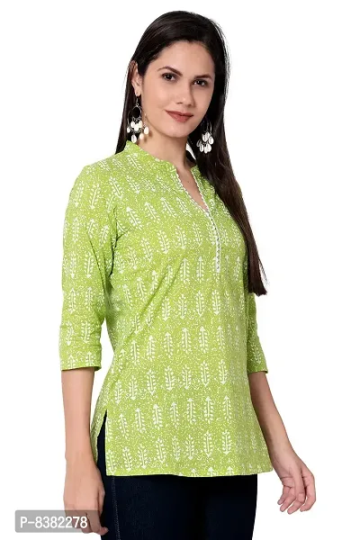 SIDDHANAM Women Causal Trendy and Stylish Traditional Floral Print 3/4 Sleeve V Neck Light Green and Pink Cotton Top-thumb4