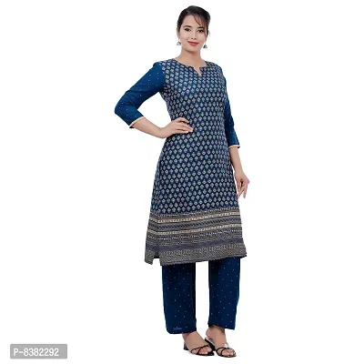 SIDDHANAM Women Gold Print Festive Blue Rayon Straight Kurta-thumb5