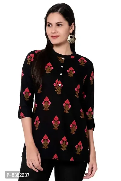 SIDDHANAM Women Causal Floral Print 3/4 Sleeve Button Down Round Neck Black Cotton Top