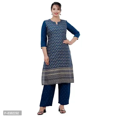 SIDDHANAM Women Gold Print Festive Blue Rayon Straight Kurta