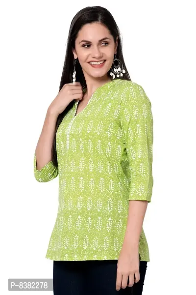 SIDDHANAM Women Causal Trendy and Stylish Traditional Floral Print 3/4 Sleeve V Neck Light Green and Pink Cotton Top-thumb3