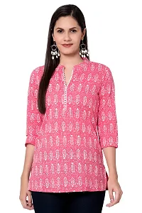 SIDDHANAM Women Causal Trendy and Stylish Traditional Floral Print 3/4 Sleeve V Neck Light Green and Pink Cotton Top-thumb2