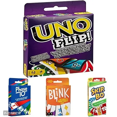 Premium Quality Uno Flip Side Phase 10 Card Game, Multi Color Reinhards Staupe Blink The World Fastest Card Game, Multi Color Skip-Bo Cardgame - (Set Of 4 Toys)