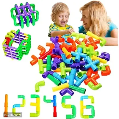 Premium Quality 50- House Block- Interlocking Pipes Building Blocks For Kids With Wheels - Educational Play And Learn Plastic Water Pipe Shaped Building Blocks (Large, Multicolor)-thumb0