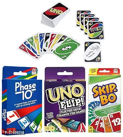 Premium Quality Uno Flip Side-Uno Playing Card Game-Phase 10 Card Game, Multi Color-Skip-Bo Card Game-(Set Of 4Toys)