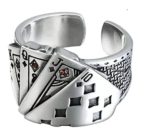 6Pillars Stainless Steel Ace King Queen Jack Playing Card Stylish Biker Adjustable Ring for Men Boys (Silver)