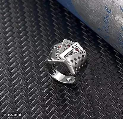 6Pillars Stainless Steel Ace King Queen Jack Playing Card Stylish Biker Adjustable Ring for Men Boys (Silver)-thumb2