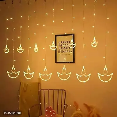 Genric Trending Trunks Warm White Diya/Diwali Curtain, String Lights with 12 Hanging Diyas and 138 LED light with 8 Flashing Modes, Decoration Lighting-thumb0