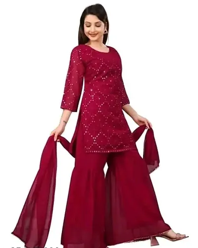 Stylish Georgette Embroidered Straight Kurtis With Bottom And Dupatta Set