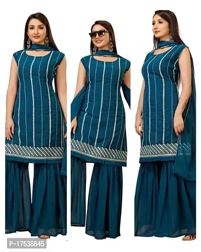 Womens Georgette Sequence Work Kurta Solid Sharara with Dupatta Set