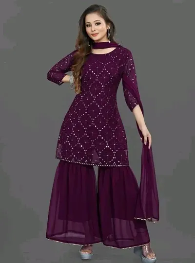 Womens Georgette Sequence Work Kurta Solid Sharara with Dupatta Set