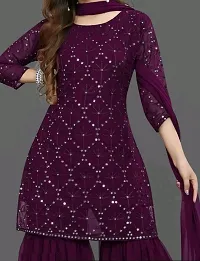 Women's Georgette Sequence Work Kurta Solid Sharara with Dupatta Set-thumb2