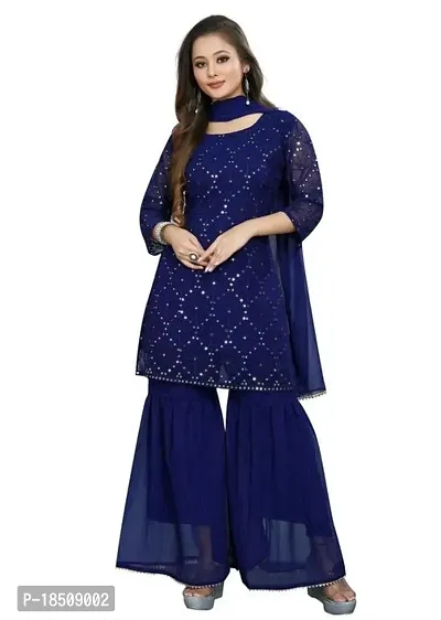 Women's Georgette Sequence Work Kurta Solid Sharara with Dupatta Set