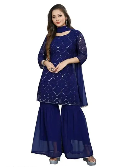 Women's Georgette Sequence Work Kurta Solid Sharara with Dupatta Set