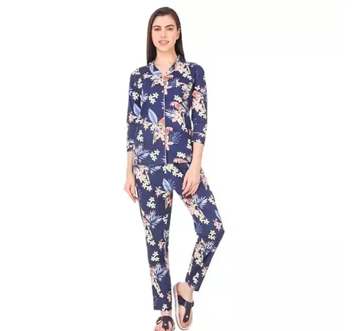 Printed Full Sleeves Night Suit For Women/Collared Shirt Bottom Set