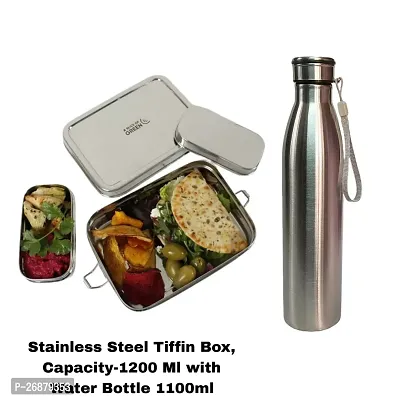 Stainless Steel Tiffin Box, Capacity-1200 Ml with  Water Bottle 1100ml ( Best quality Lunchbox  Bottle SET)-thumb2