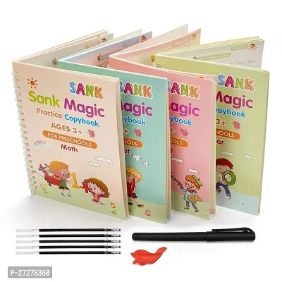 Sank Magic Practice Copybook, (4 BOOK +1 PEN + 10 REFILL) Number Tracing Book for Preschoolers with Pen, Magic calligraphy books for kids Reusable Writing Tool Spiral-bound