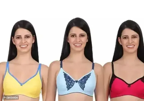 Women Girls Ladies Non Padded Bra Combo Bra Seamed Non Wired Bra In 5 Unique Colors Yellow Sky Blue Pink Pack Of 3-thumb0