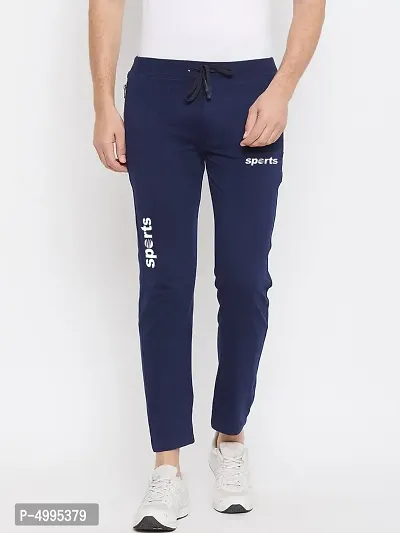 Elegant Navy Blue Polyester Spandex Printed Regular Fit Sports Track Pant For Men-thumb0
