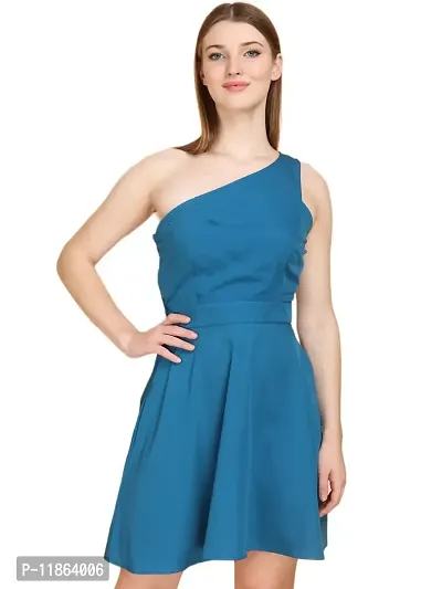 Mysty Gal Women Solid Design Stylish One Shoulder Casual Dresses (Small, Blue)