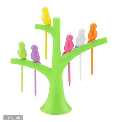 Birdie Plastic Fruit Fork Set with Stand, 6-Pieces, Multicolour-thumb0