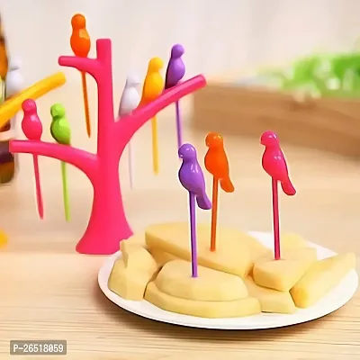 Birdie Plastic Fruit Fork Set with Stand, 6-Pieces, Multicolour-thumb3