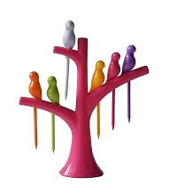 Birdie Plastic Fruit Fork Set with Stand, 6-Pieces, Multicolour-thumb1