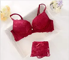 Beauty Vision Women's Lace Padded Cups Underwired Solid Lingerie Set (SFH118_Pink_34)-thumb1