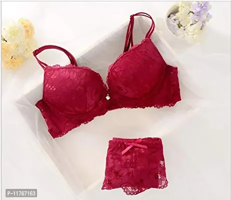 Beauty Vision Women's Lace Padded Cups Underwired Solid Lingerie Set (SFH118_Pink_34)-thumb2