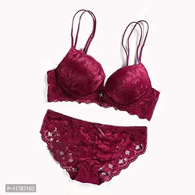 Beauty Vision Women's Lace Padded Cups Underwired Solid Lingerie Set (SFH118_Pink_34)-thumb0