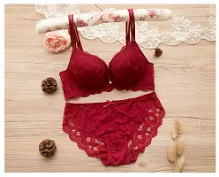Beauty Vision Women's Lace Padded Cups Underwired Solid Lingerie Set (SFH118_Pink_34)-thumb2