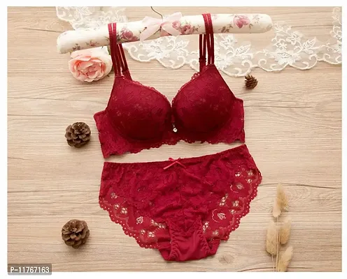 Beauty Vision Women's Lace Padded Cups Underwired Solid Lingerie Set (SFH118_Pink_34)-thumb3