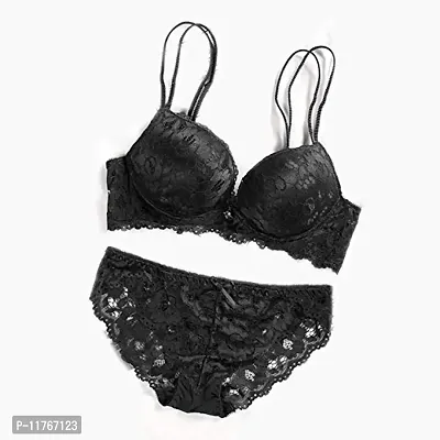 Beauty Vision Women's Lace Padded Cups Underwired Solid Lingerie Set